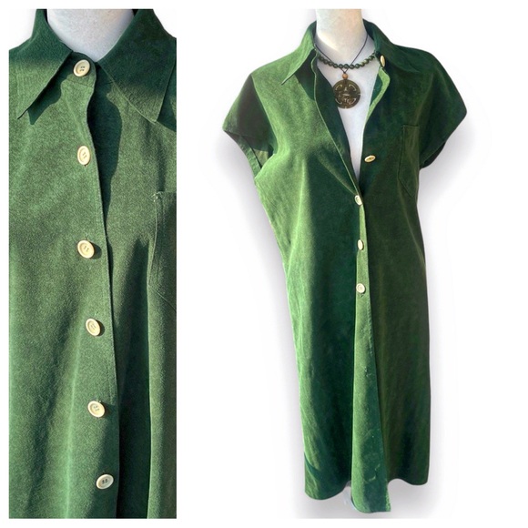 Vintage Dresses & Skirts - VTG Green Suede Sleeveless Full Button Front Collared Dress | M